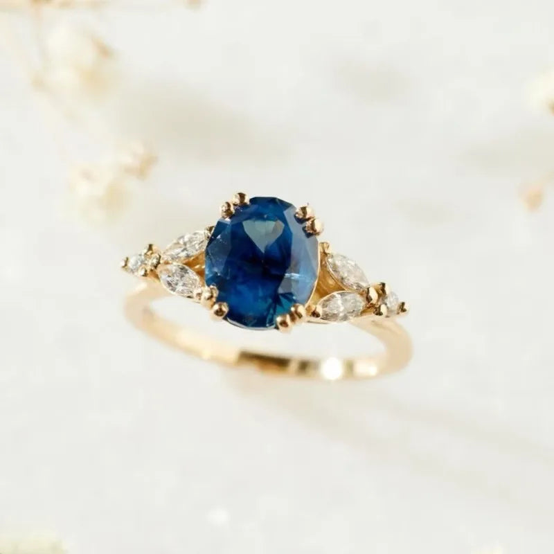 luckacco elegant gold color round oval flower rings for women white blue stone rings jewelry party gift