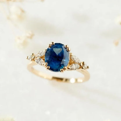 Luckacco Elegant Gold Color Round Oval Flower Rings for Women White Blue Stone Rings Jewelry Party Gift