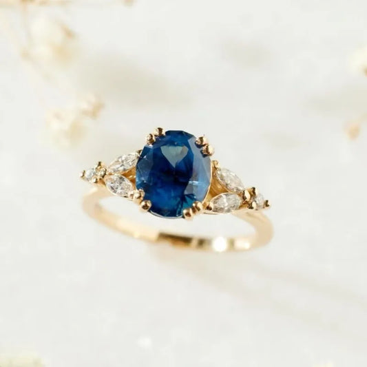 Luckacco Elegant Gold Color Round Oval Flower Rings for Women White Blue Stone Rings Jewelry Party Gift