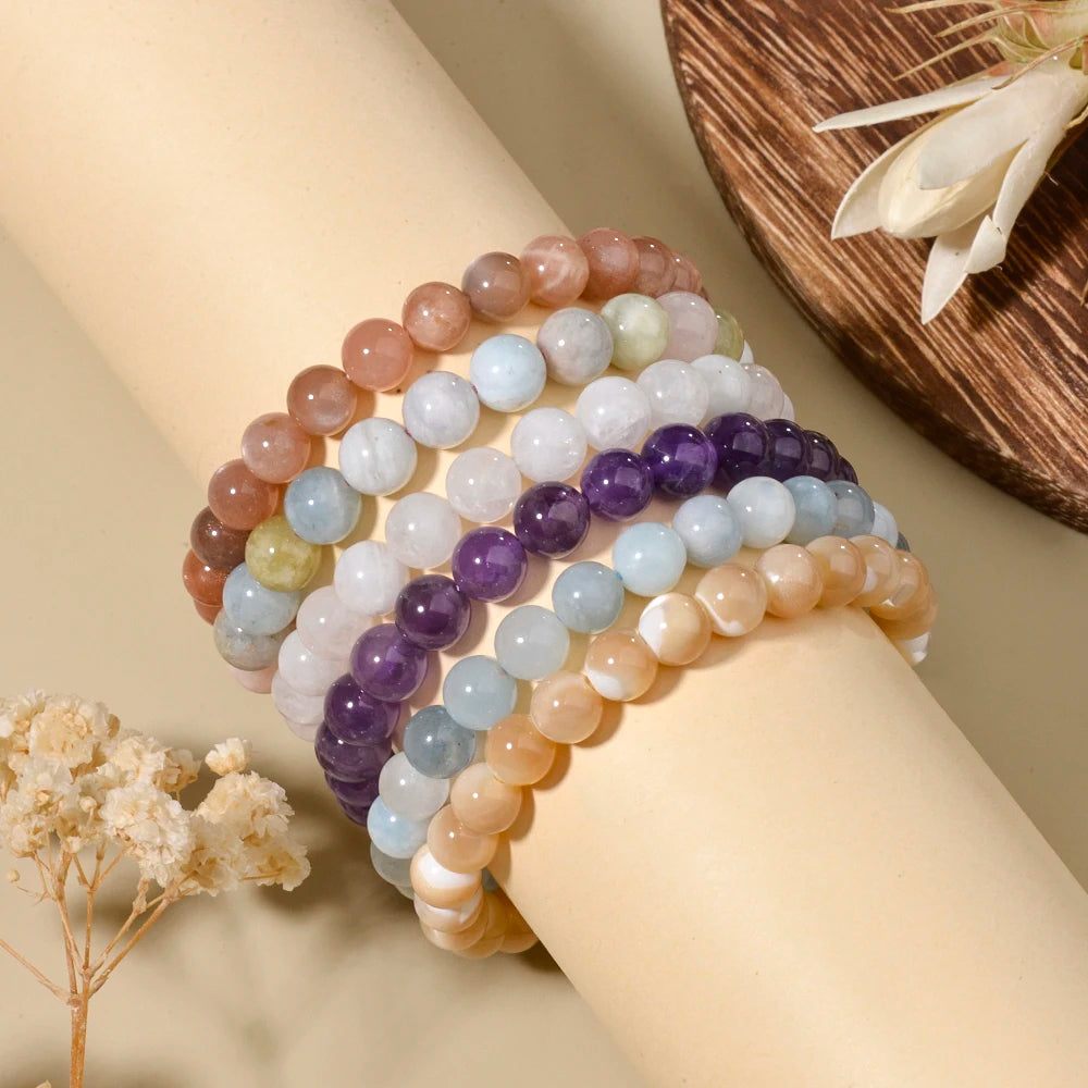 luckacco 1p 8mm rose quartz amethyst sunstone moonstone braided ajustable beaded bracelet natural gem crystal energy gift for men women