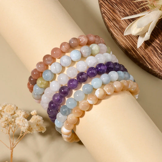 Luckacco 1p 8mm Rose Quartz Amethyst Sunstone Moonstone Braided Ajustable Beaded Bracelet Natural Gem Crystal Energy gift for men women