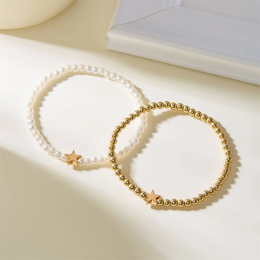 Luckacco Double Layer Minimalist Love Heart Gold Color Imitation Pearl Beaded Bracelets For Women Men Retro Cross Star Bangles Jewelry