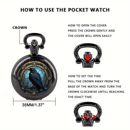 Luckacco Unique Vintage Black Crow Mini Quartz Pocket Watch,Necklace Pendant With World Time Feature, Ideal Gift For Men & Women and Kids