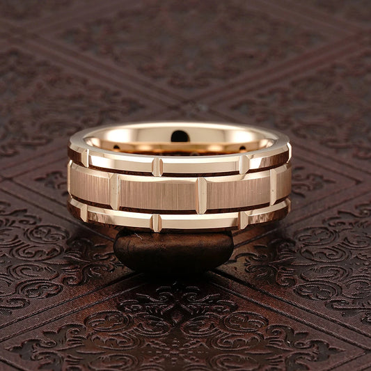 Luckacco Fashion Men 8mm Rose Gold Color Stainless Steel Rings Double Groove Pattern Promise Rings For Men Wedding Jewelry Accessories