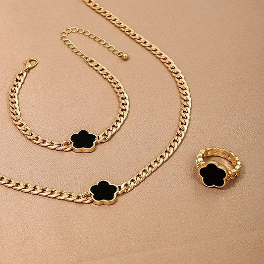 Luckacco Vintage Emerald Sets Unique Design Light Luxury Temperament Earrings  Pendant Necklace Rings Three-Piece Sets Trend Jewerly Set