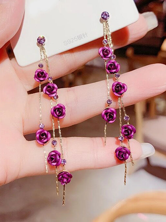 Luckacco 2pcs retro style long style diamond inlaid rose earrings for women's daily dating accessories