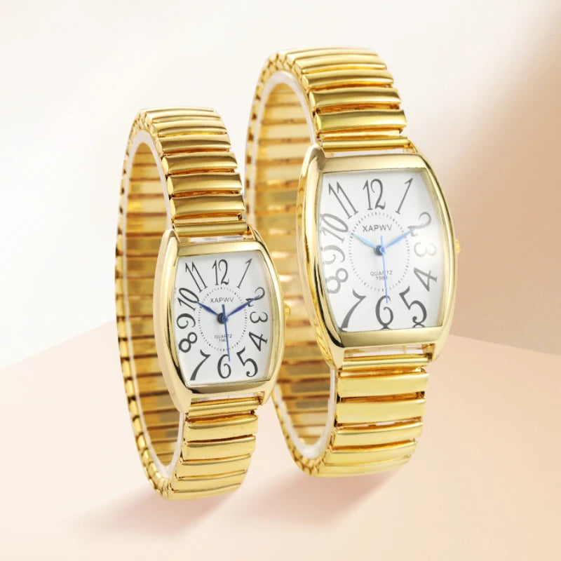 luckacco vintage couple business women men watch elastic gold sliver quartz wristwatch tide lovers bracelet watches party office gifts