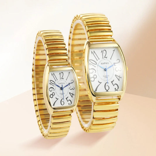 Luckacco Vintage Couple Business Women Men Watch Elastic Gold Sliver Quartz Wristwatch Tide Lovers Bracelet Watches Party Office Gifts