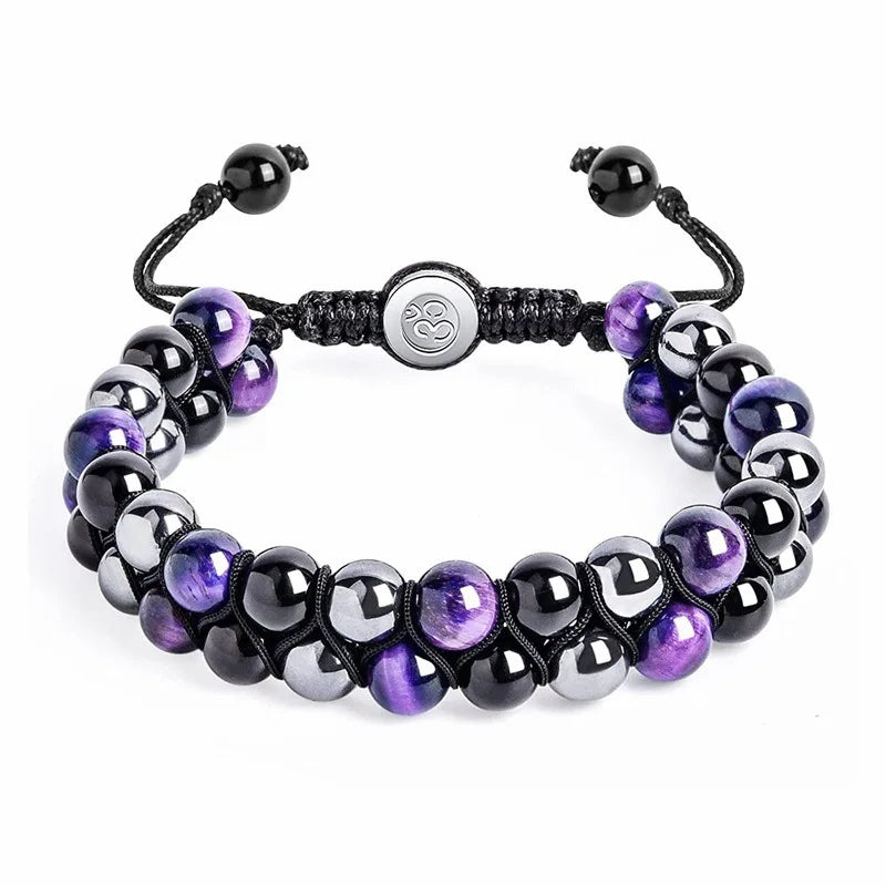 luckacco 8mm natural tiger eye stone adjustable bracelet double layer hand woven  row strand beaded bangles couple party jewelry