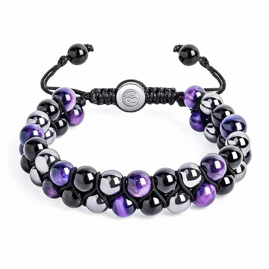 Luckacco 8MM Natural Tiger Eye Stone Adjustable Bracelet Double Layer Hand Woven  Row Strand Beaded Bangles Couple Party Jewelry