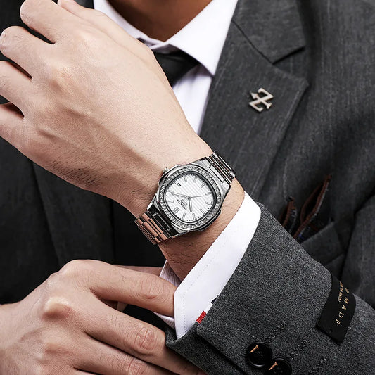 Luckacco 2024 Luxury Fashion Casual Men Watches Big Dial Silver Stainless Steel Calendar Quartz Wristwatch Classic Top Brand Male Clock