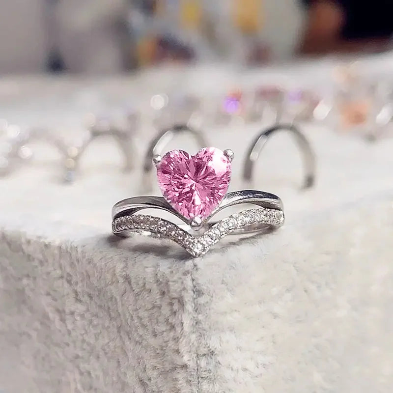 luckacco romantic pink heart shaped ring for female cubic zirconia bridal wedding party  with minimalist fashion jewelry accessories
