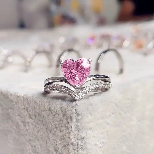 Luckacco Romantic Pink Heart shaped Ring for Female Cubic Zirconia Bridal Wedding Party  with Minimalist Fashion Jewelry Accessories