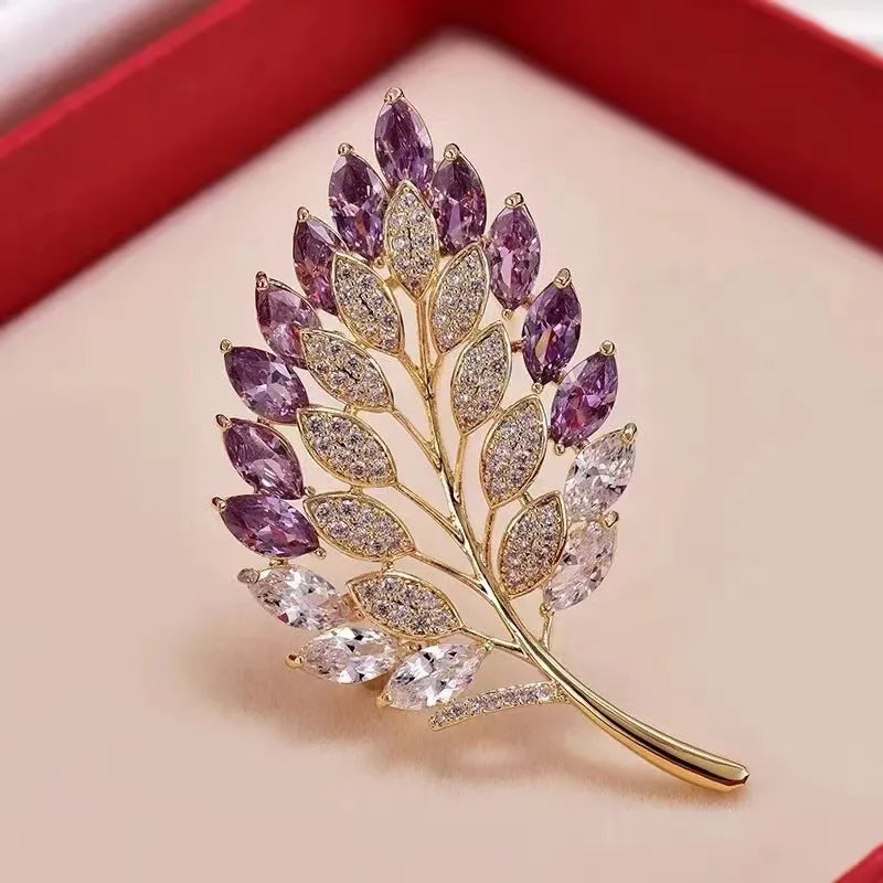 luckacco cute romantic colorful leaf brooches for women purple crysal plant brooch pin female party birthday dress suit badge jewelry