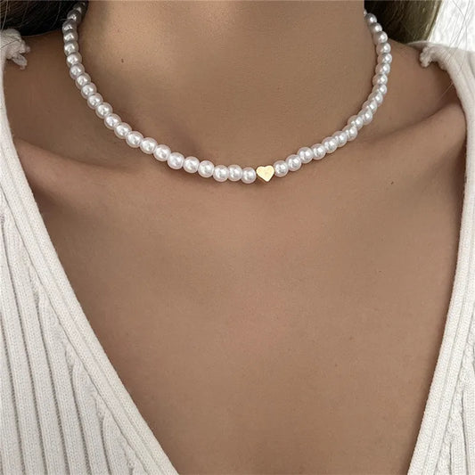Luckacco Imitation Pearl Trendy Love Heart  Choker Necklace Female Personality Party Fashion Clavicle Collier Colar Perlas Collar Gift