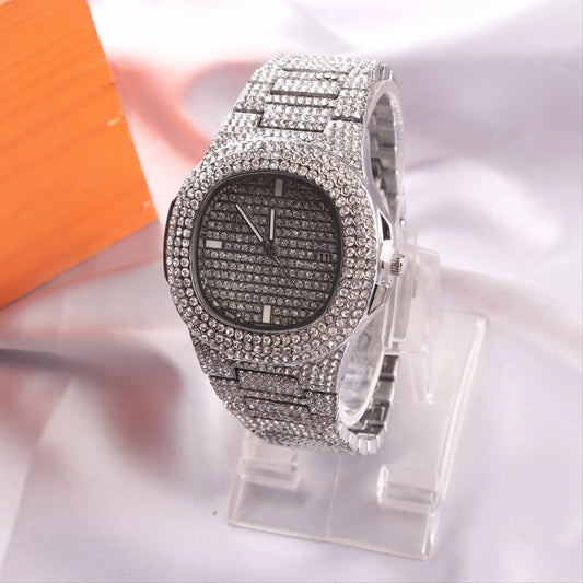 Luckacco Golden Quartet Quartz Watch Stylish Square Full Star Set Steel Band Calendar Men's Women's Wristwatch