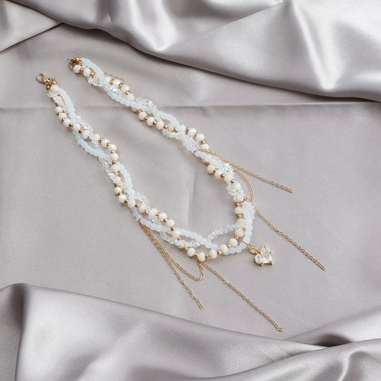 Luckacco Ins Multi-layer Imitation Pearls Multilayer Tassels Necklace Cool Cross Star Crystal Tassels Chokers Necklace Chain Jewelry
