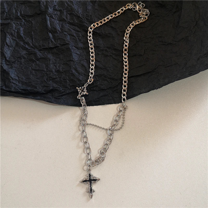 luckacco gothic vintage y2k red glass heart star cross pendant pearl bead necklace for women men aesthetic 90s grunge accessories jewelry