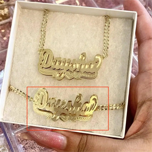 Luckacco 18K Gold Plated Nameplate Necklace Personalized Double Layer 3D Necklaces With Heart Customized Name Stainless Steel Jewelry