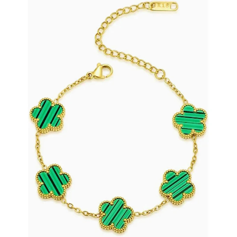 luckacco 14k gold plated five-leaf clover link bracelets white black blue gold red green lucky bracelets jewelry gifts trendy for women