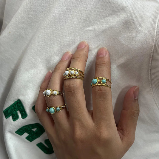 Luckacco Vintage Turquoise Wide Ring for Women Gold Color Stainless Steel Wheat Ear Adjustable Open Ring Fashion Party Jewelry Gift