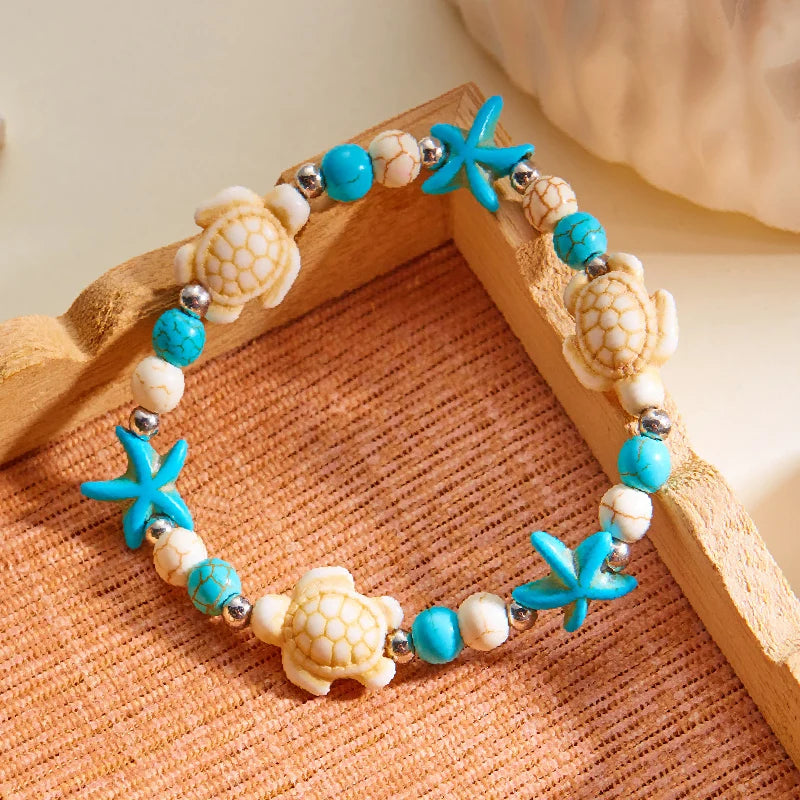 luckacco bohemian imitation shell beads bracelet for women sea star turtle woven rope bracelet handmade friendship beach holiday  jewelry