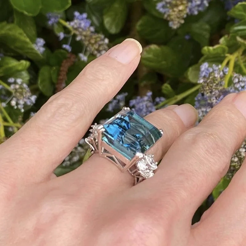 luckacco gorgeous silver color inlaid with white blue stone rings square fashion party engagement wedding rings for women jewelry
