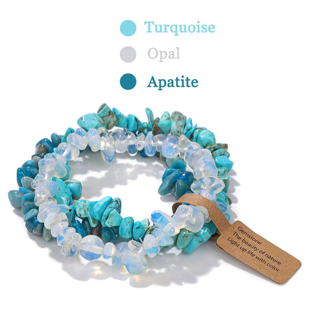 luckacco 3pcs natural chip stone bracelet set irregular fluorite quartzs stretch bracelet with tag healing jewelry gifts for women men