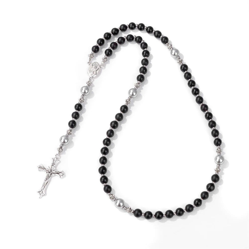 luckacco catholic jesus cross bracelet men religious prayer rosary bangle 50cm natural african turquoises lava gem stone bead bracelet