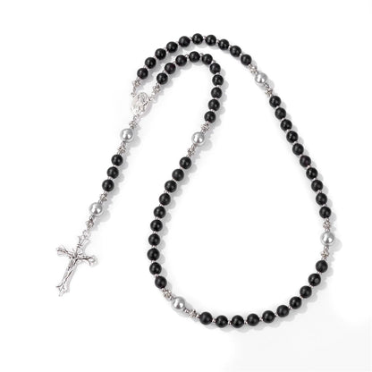 Luckacco Catholic Jesus Cross Bracelet Men Religious Prayer Rosary Bangle 50CM Natural African Turquoises Lava Gem Stone Bead Bracelet