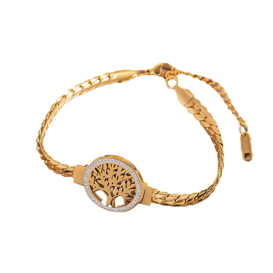 Luckacco 2024 Trendy Creative Personality Gold Color Stainless Steel World Tree Bracelet for Women Luxury Inlay Crystal Bangle Jewelry