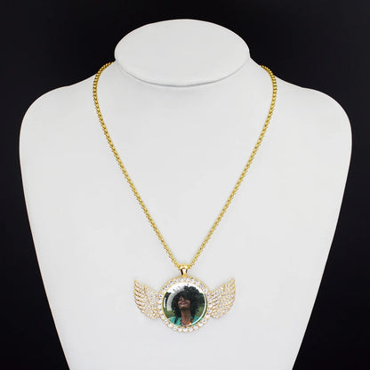 Luckacco Custom Necklace Personalized Photo Picture Angel Wings Rhinestone Pendant Chains Necklaces Creative Fashion Hip Hop Jewelry Gift