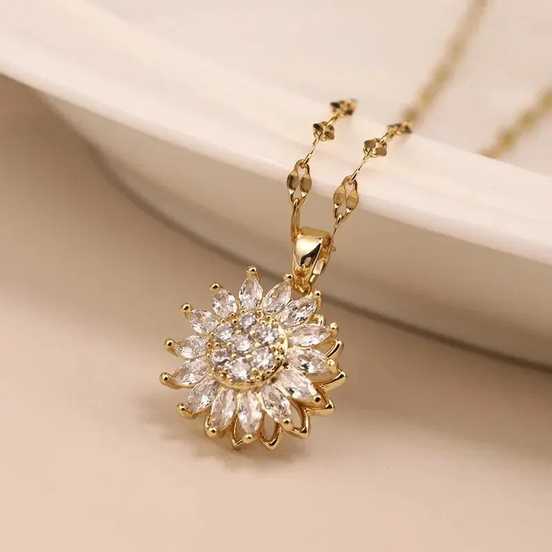 luckacco classic sunflower cubic zirconia pendant necklaces for women gold color alloy rotate necklace daily jewelry