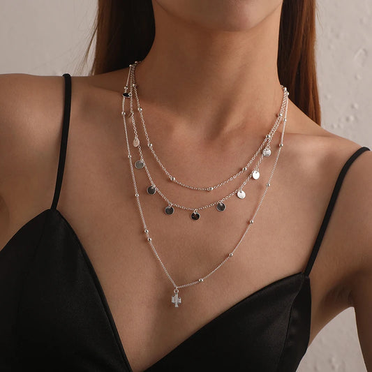 Luckacco New 925 Sterling Silver Triple Layer Necklace Plant Round Piece Choker Exquisite Clavicle Chain Send Women's Fine Accessories