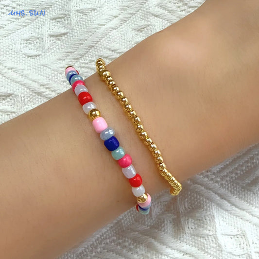 Luckacco MHS.SUN New Bohemian Gold Plated Metal Beaded Bracelets Colorful Rice Beads Bracelet Birthday Party Jewelry For Women Men
