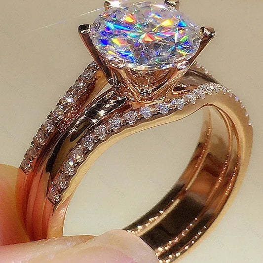 Luckacco Dazzling Gold Color Round Ring for Women Set Fashion Wedding Engagement Party Jewelry
