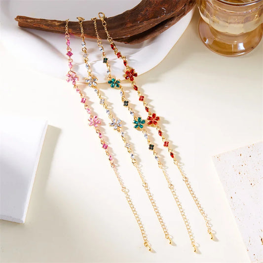 Luckacco Charm Red Crystal Zircon Flower Bracelet For Women Vintage Boho Full Rhinestone Flowers Bangles Girls Party Christmas Jewelry