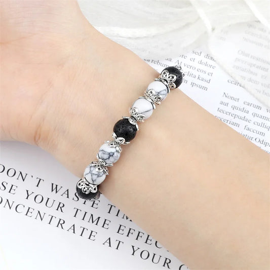 Luckacco 8mm White Howlite Stone Women Bracelet Metal Spacer Charm Natural Agates Pink Rose Quartz Beads Bracelets for Men Jewelry Gifts