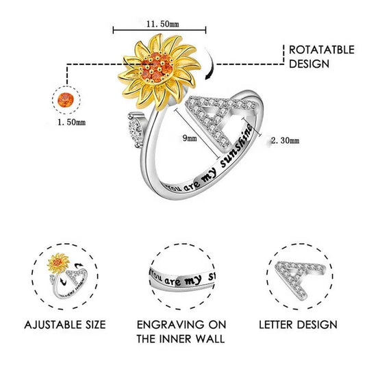 Luckacco Rotating Sunflower Initial Letter Rings For Women Anti Anxiety Spinner You Are My Sunshine Stainless Steel Ring Birthday Jewelry
