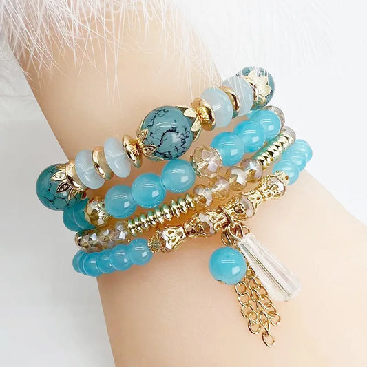 Luckacco 4 pieces/set Bohemian crystal tassel multi-layer elastic rope bracelet, handmade beaded bracelet, women's fashion accessories