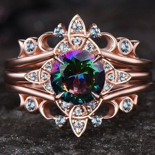 Luckacco Exquisite Rose Gold Color Round White Stone Flower Hollow Rainbow Color Stone Rings for Women Jewelry Anniversary Rings Set Gift