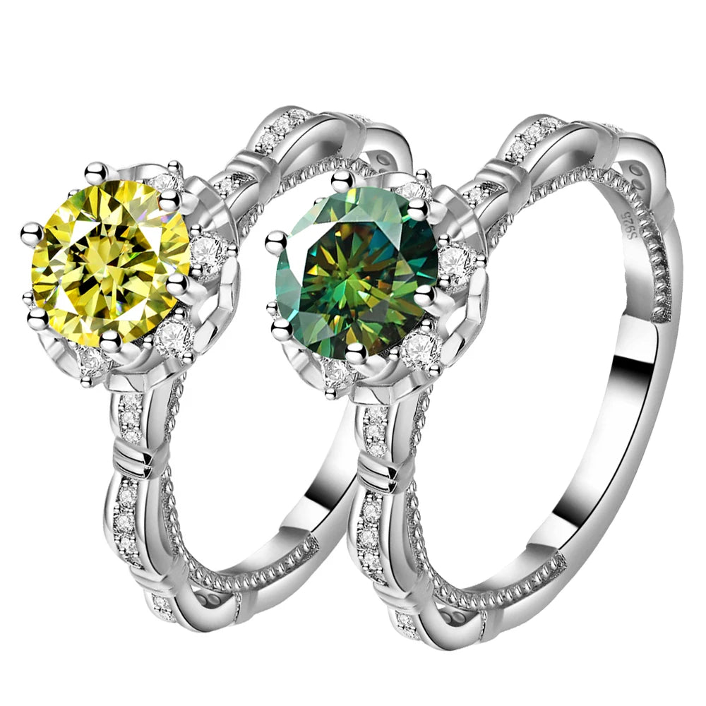 luckacco 100% true1ct yellow green moissanite vintage ring gra certificate passed diamond test women anniversary jewelry gift s925 silver