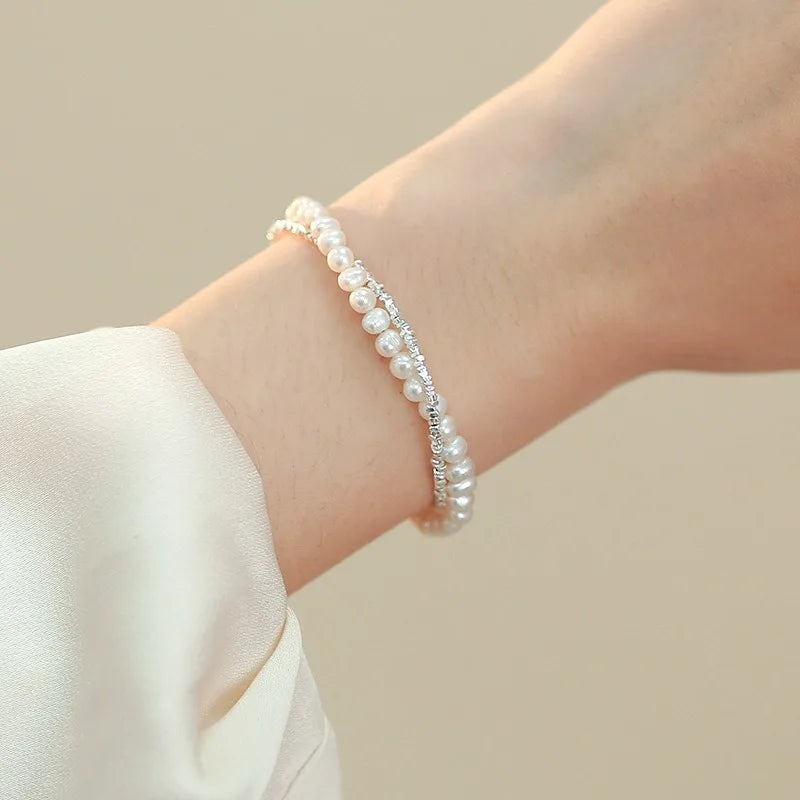 luckacco fashion 925 sterling silver pearl bracelets for women girls luxury double layer pearl silver chain bracelets party jewelry gifts