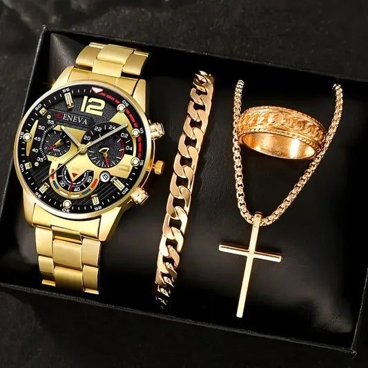 Luckacco 4Pcs/set Luxury Men Business Quartz Watch stainless steel Roman Calendar Wrist Watch Cross Necklace Bracelet Ring Set Men's Gift