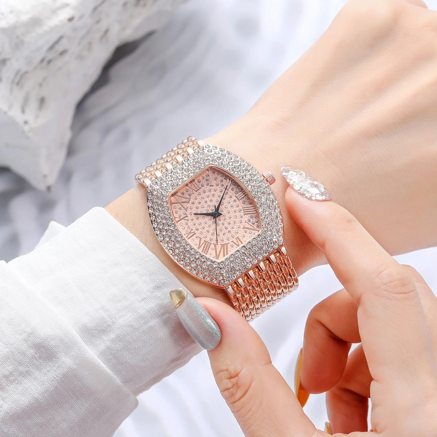 luckacco uthai h64 women's full diamond watch temperament gold steel band barrel shaped full sky star vintage fashion quartz wristwatches