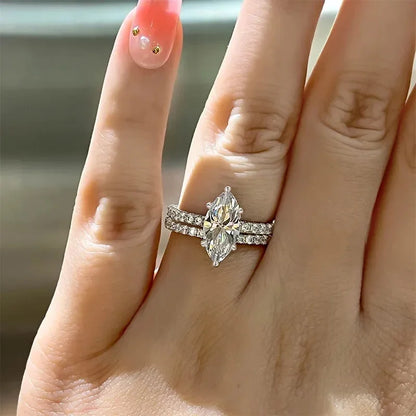 Luckacco CAOSHI 2Pcs/Set Luxury Wedding Rings for Women Bright Marquise Zirconia Finger Jewelry Gorgeous Fashion Silver Color Accessories