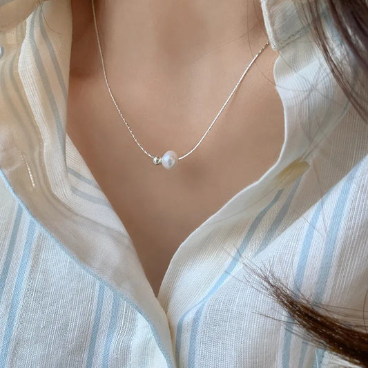 Luckacco New Trendy Fashion 925 Silver Pearl Simple Elegant Thin Chain Pendant Necklace for Women Girl Jewelry Dropship