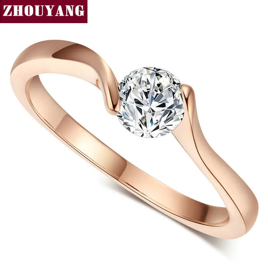 Luckacco ZHOUYANG Wedding Ring For Women Concise 4mm Round Cut Cubic Zirconia Rose Gold Color Engagement Fashion Jewelry ZYR239 ZYR422