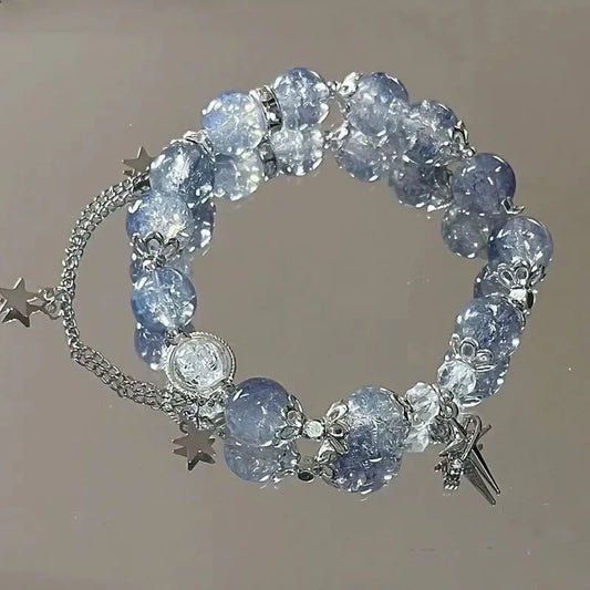 Luckacco Niche Design Star Chain Tassel Bracelet for Women Fantasy Blue Crystal Beads Elastic Rope Bracelet Best Friend Jewelry Gifts