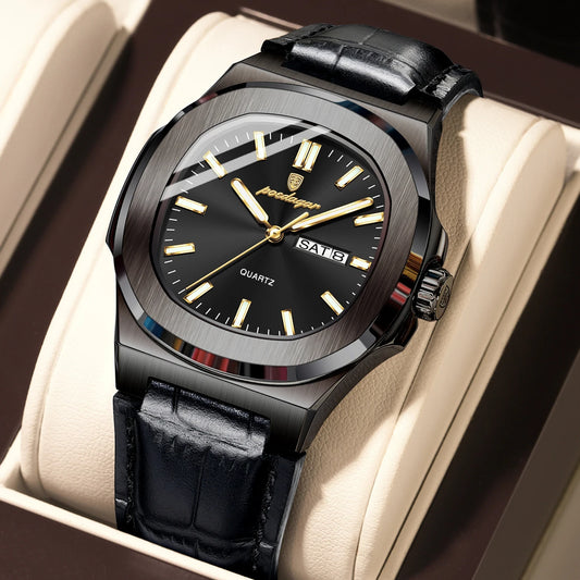 Luckacco POEDAGAR High Quality Watch For Men Luxury Luminous Waterproof Week Calendar Man Clock Leather Square Men's Quartz Watches Reloj